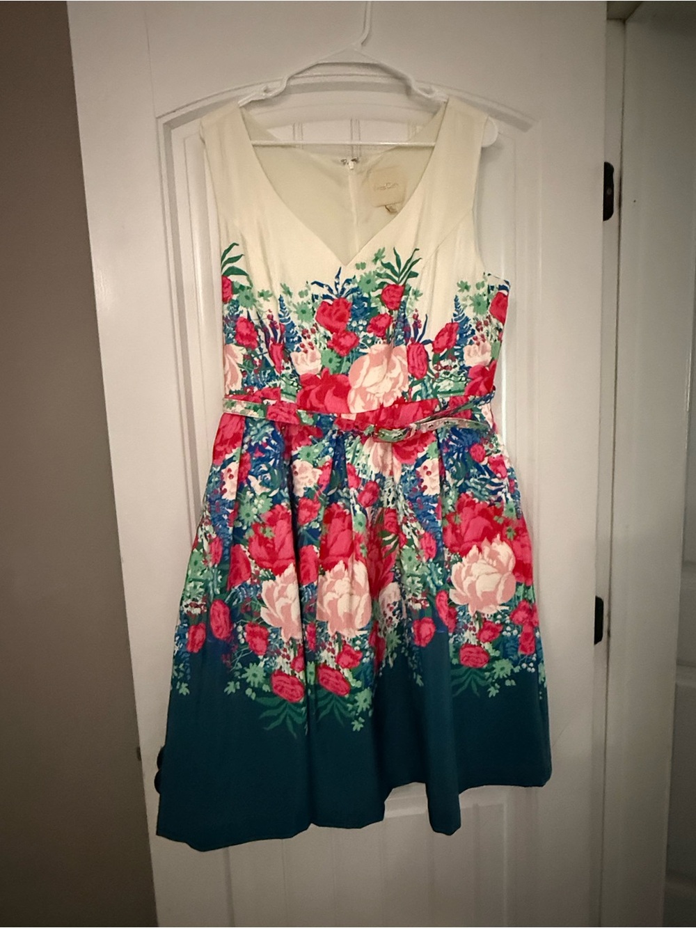ModCloth White Bodice Teal Skirt Floral Fit-and-Flare Dress
